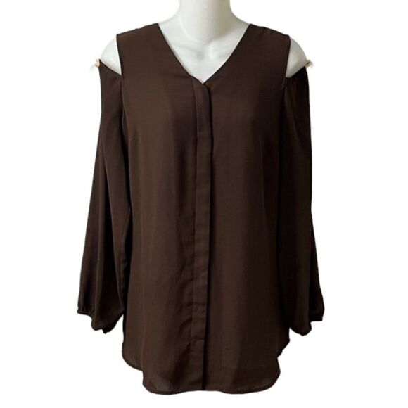 Chico's Sheer Brown Long Sleeve V-Neck Cold Shoulder Blouse - Picture 5 of 11